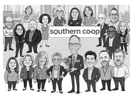 Black and white corporate caricature from photo