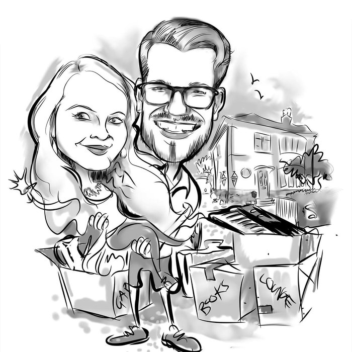 Colour caricature of a couple with their new home