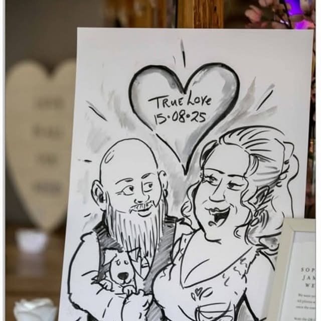 Live wedding caricature of the bride and groom