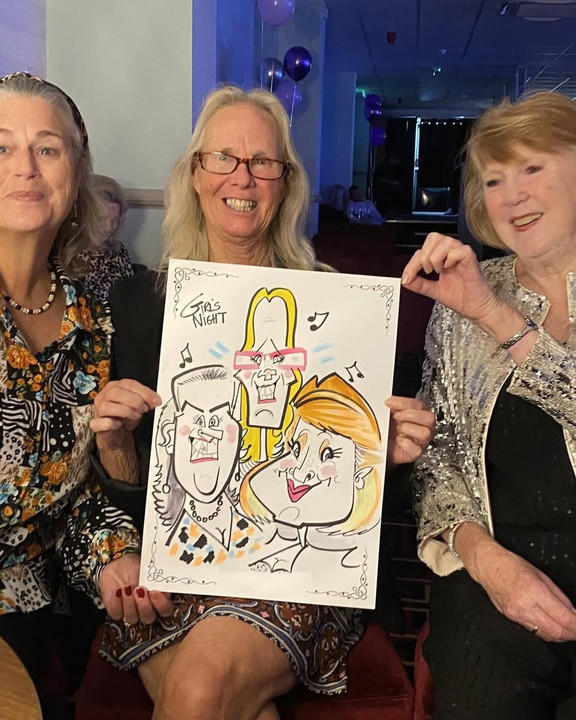 Three friends with their girls' night caricature