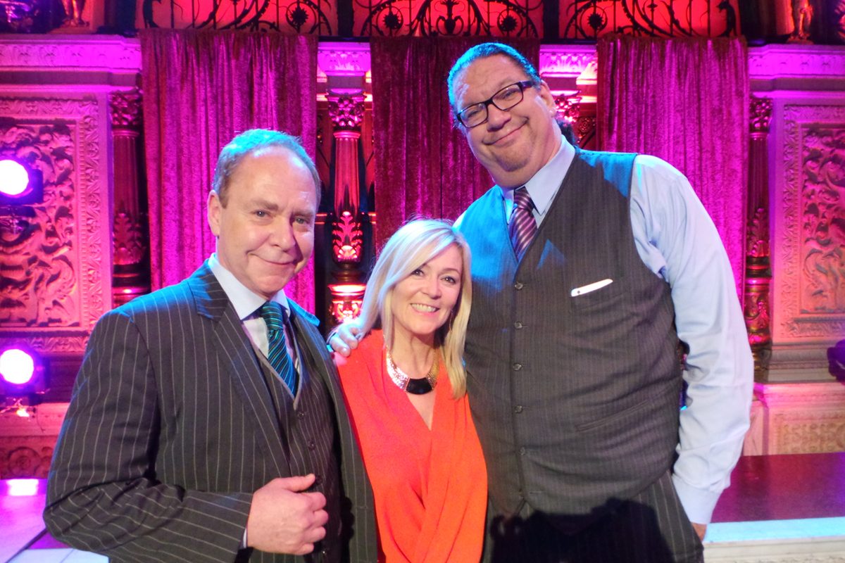 Aurora Myst with Penn and Teller on the set of their TV show