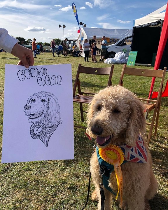 Dog sitting beside its live caricature at a country show