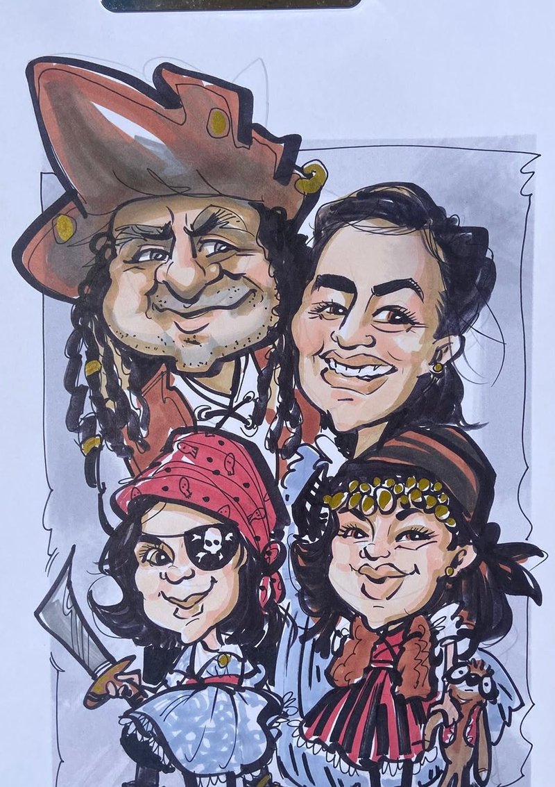 Colour live caricature of a family in pirate costume, drawn at a summer festival