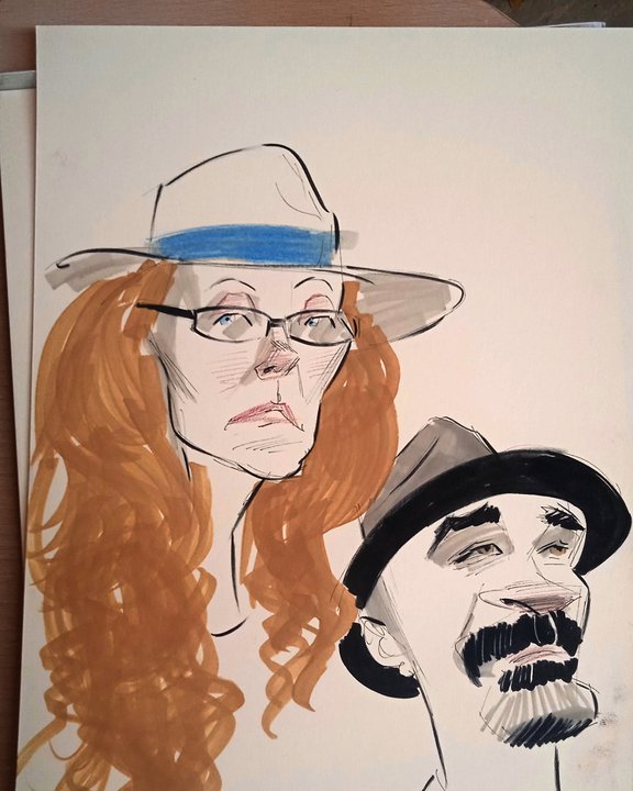 Finished colour caricature of a couple in hats