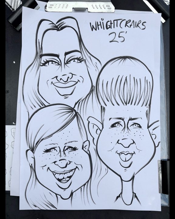 Group caricature of four friends drawn live at a beer festival