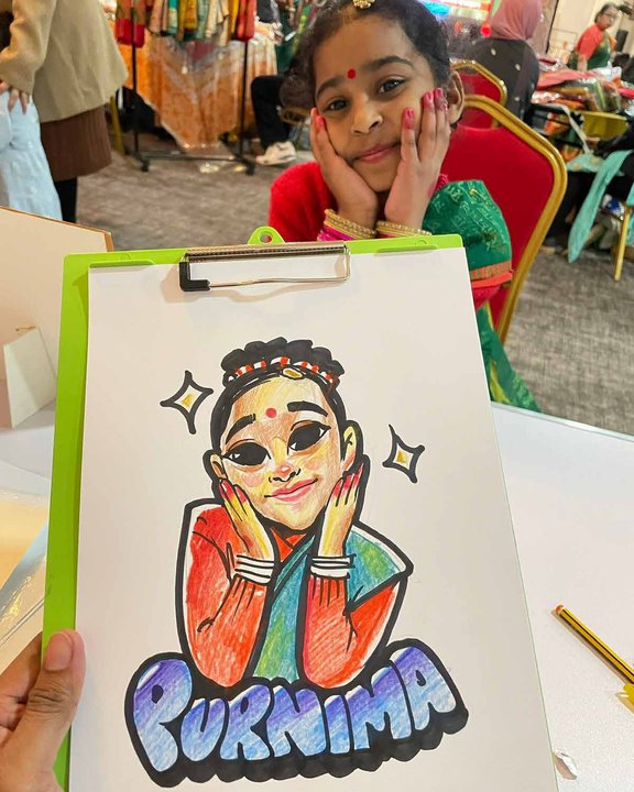 Young guest posing beside her colour caricature at a festival