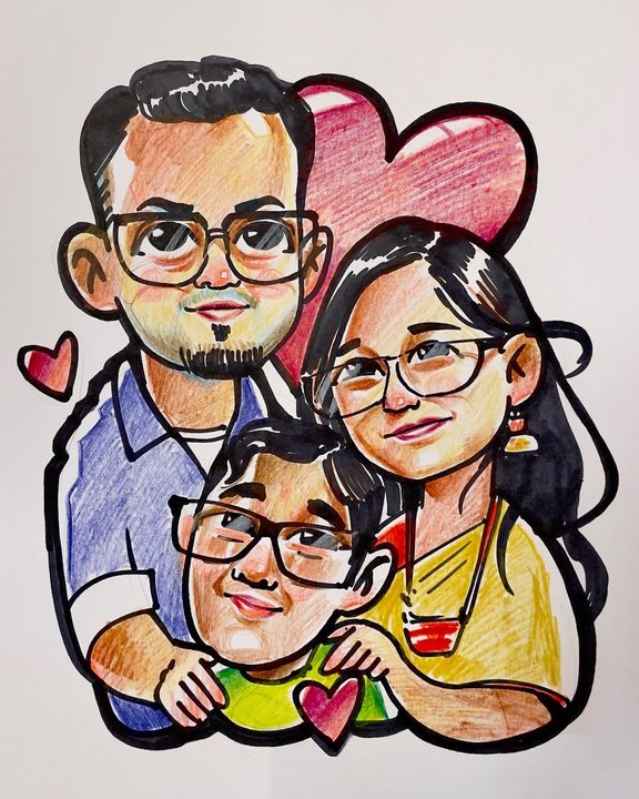 Colour family caricature of parents and their son, drawn live at an event