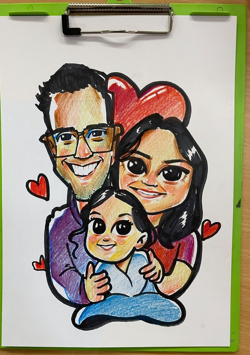 Colour live caricature of a mother, father and baby, drawn at an event