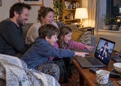 Family on the sofa amazed by an online magic show on a laptop