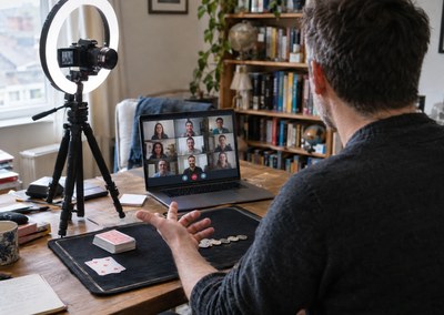 Magician performing a live online show from a home studio set-up